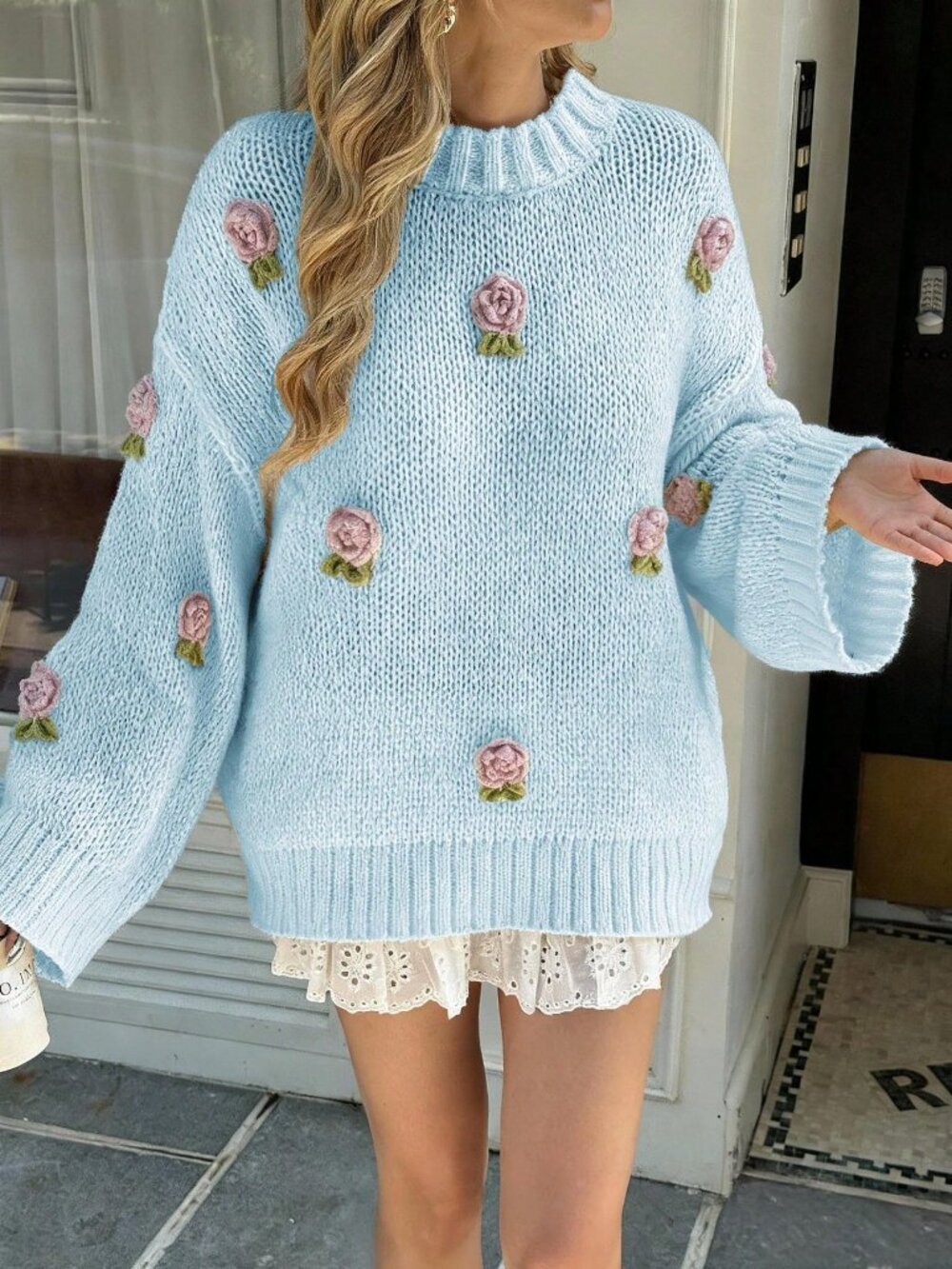 Baby Blue Women's Casual Cute Knitted Embroidered 3D Floral Sweater - Picture 7 of 10